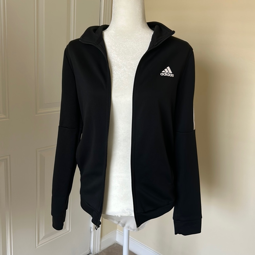 M Medium ADIDAS Stripes Hoodie Jacket Zip Up Black Sports Activewear